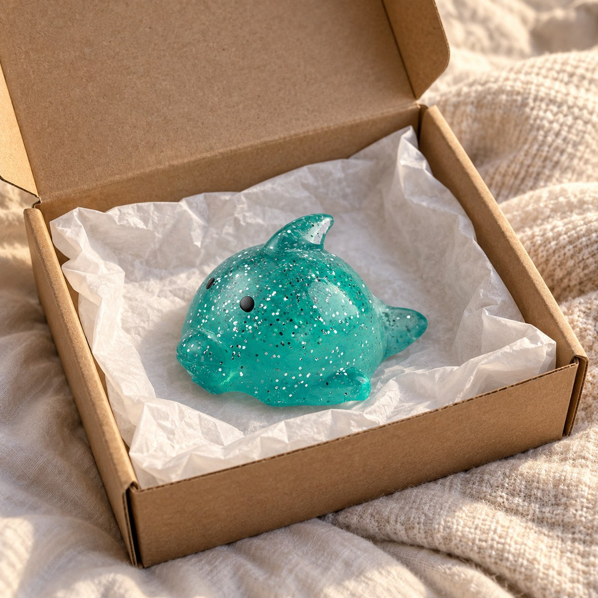 Big Mochi Squishy Dolphin with Glitter, unboxed from a parcel with tissue paper