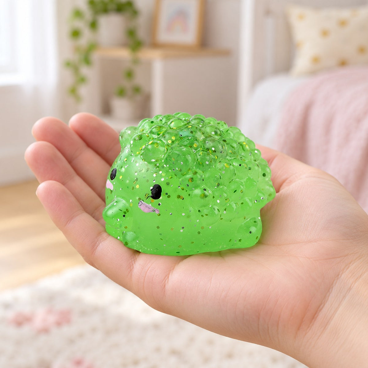 Mochi Squishy Hedgehog with Glitter, held in a hand to show the real size
