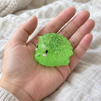 Hedgehog squishy mochi, held toward the camera, first-person view