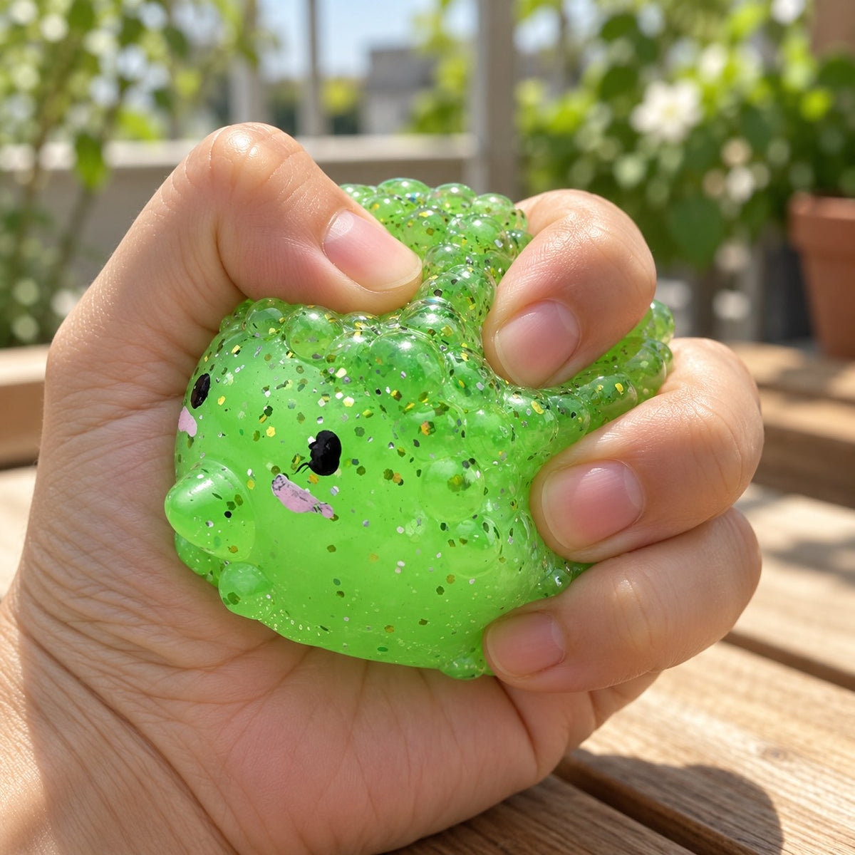 Mochi Squishy Hedgehog with Glitter, being squeezed by hand, soft and squishy