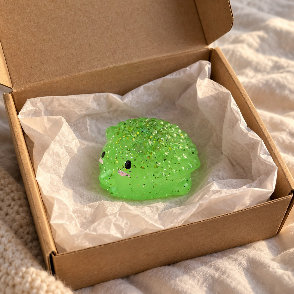 Hedgehog squishy, unboxed from a parcel with tissue paper