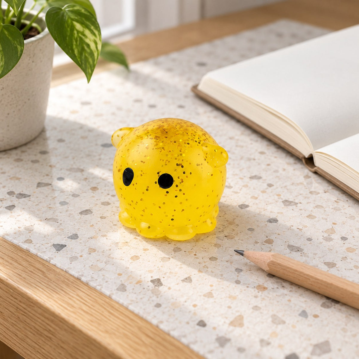 Mochi Squishy Octopus with Glitter, on a desk with a notebook and pencil