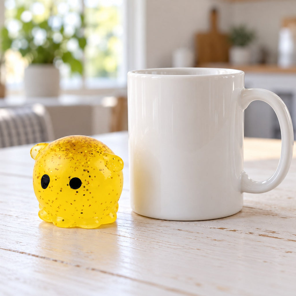 Mochi Squishy Octopus with Glitter, next to a coffee mug for size comparison