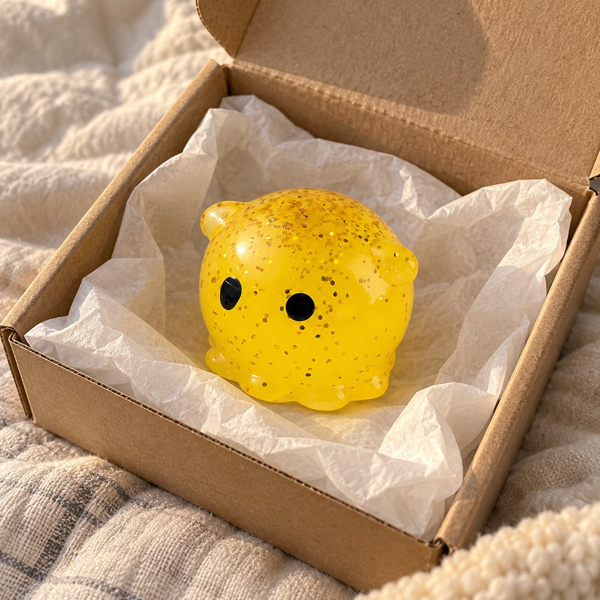 Octopus squishy glitter, unboxed from a parcel with tissue paper