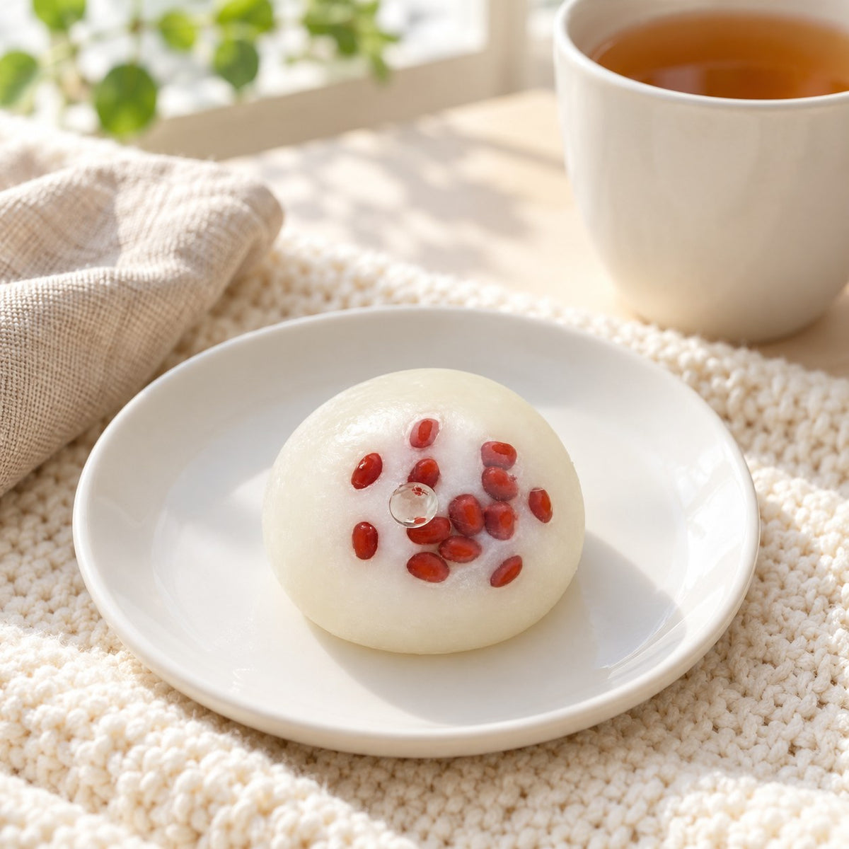 Red Bean Mochi Squishy, Handmade, on a plate on a breakfast table
