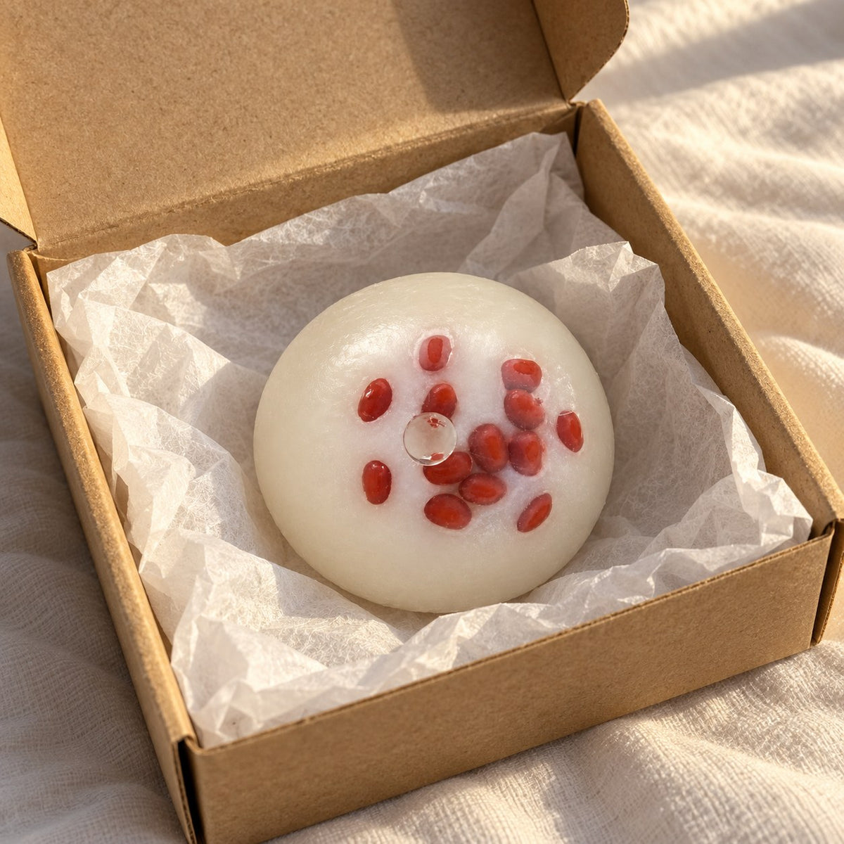 Red bean mochi squishy kawaii, unboxed from a parcel with tissue paper