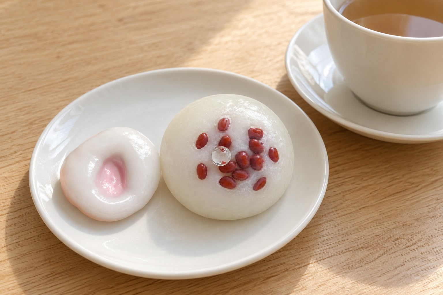 Rice cake mochi squishy and red bean mochi squishy on a small white plate next to a teacup
