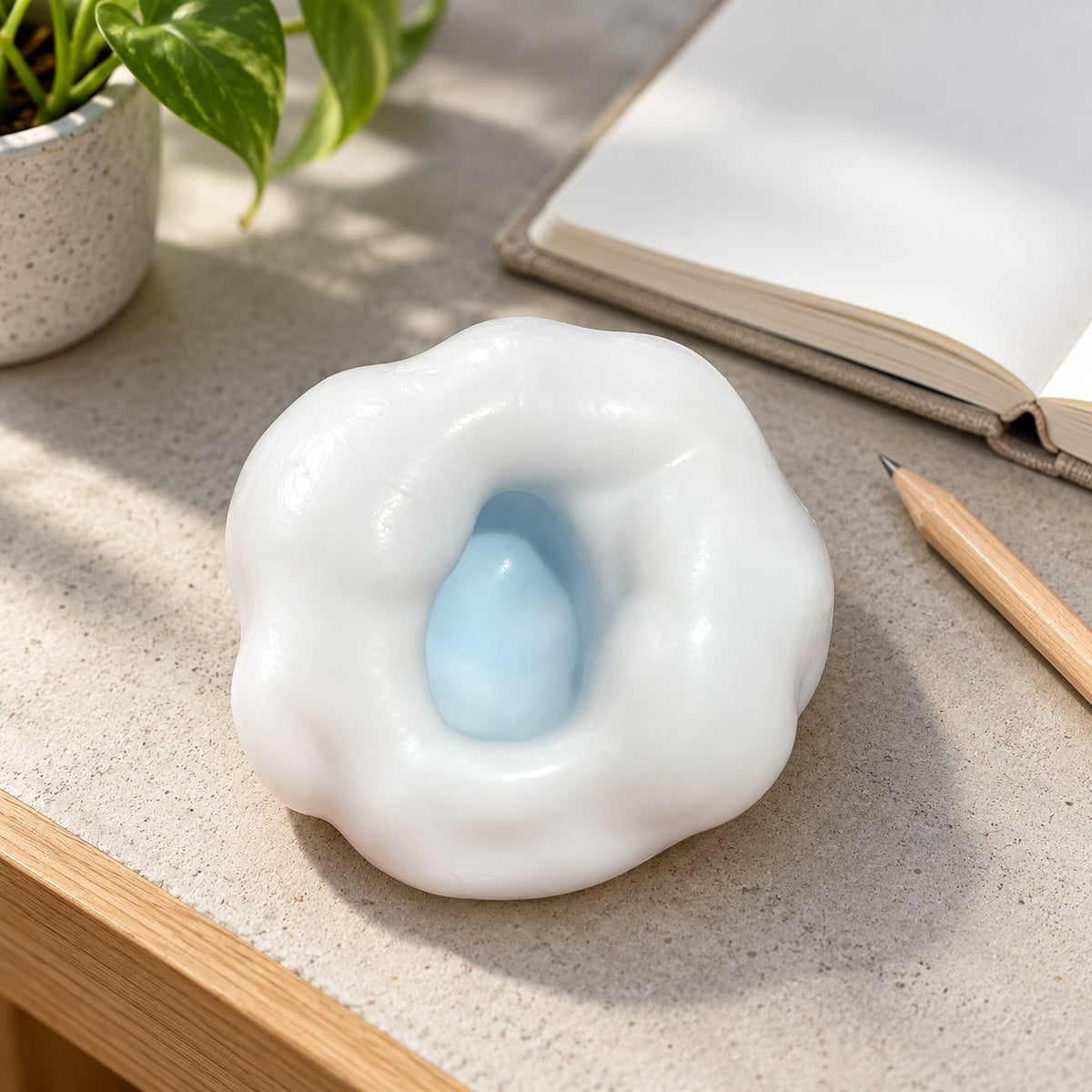 Rice cake squishy mochi (blue), on a desk with a notebook and pencil