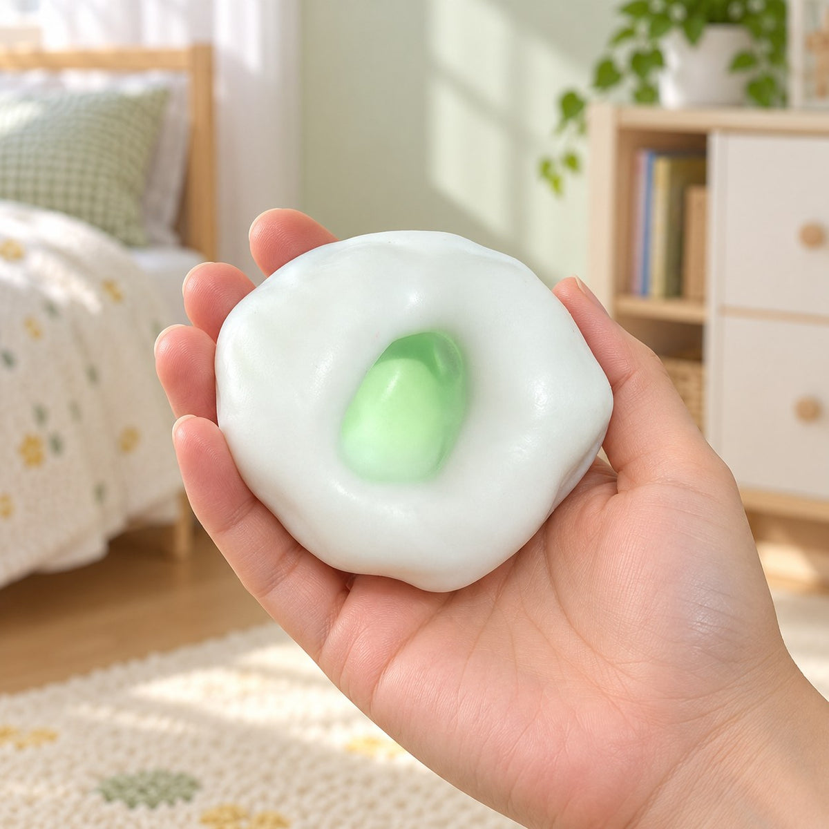 Mochi Squishy Rice Cake, Stretchy Ice Skin (green), held in a hand to show the real size