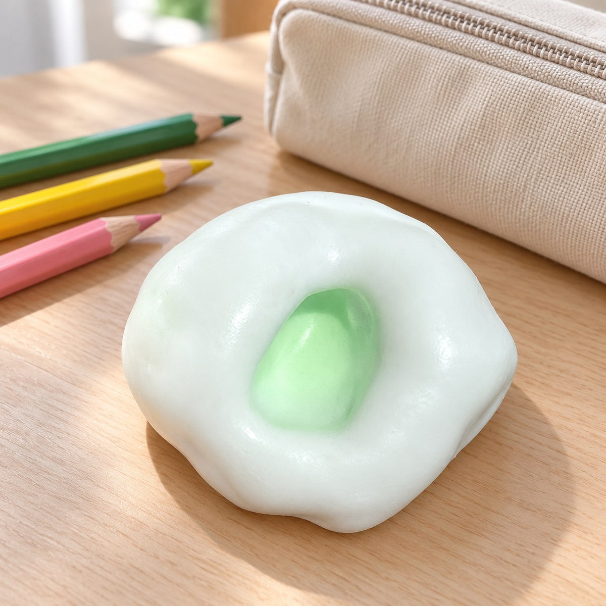 Mochi Squishy Rice Cake, Stretchy Ice Skin (green), on a school desk next to a pencil case