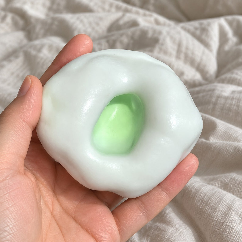 Rice cake squishy (green), held toward the camera, first-person view
