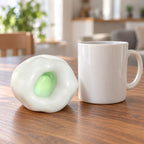 Mochi Squishy Rice Cake, Stretchy Ice Skin (green), next to a coffee mug for size comparison