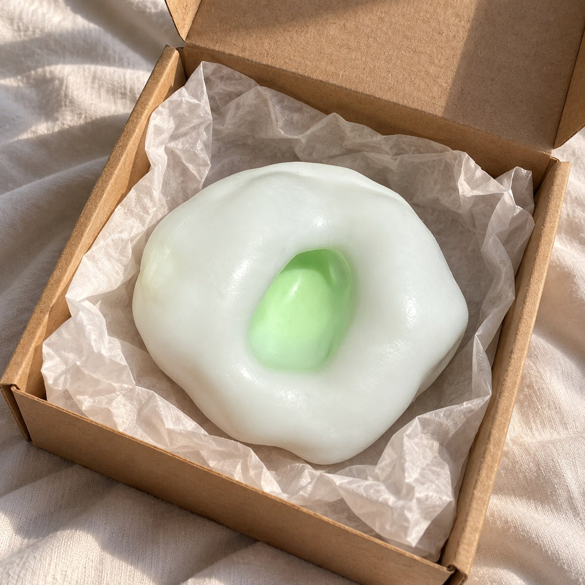 Rice cake squishy mochi (green), unboxed from a parcel with tissue paper