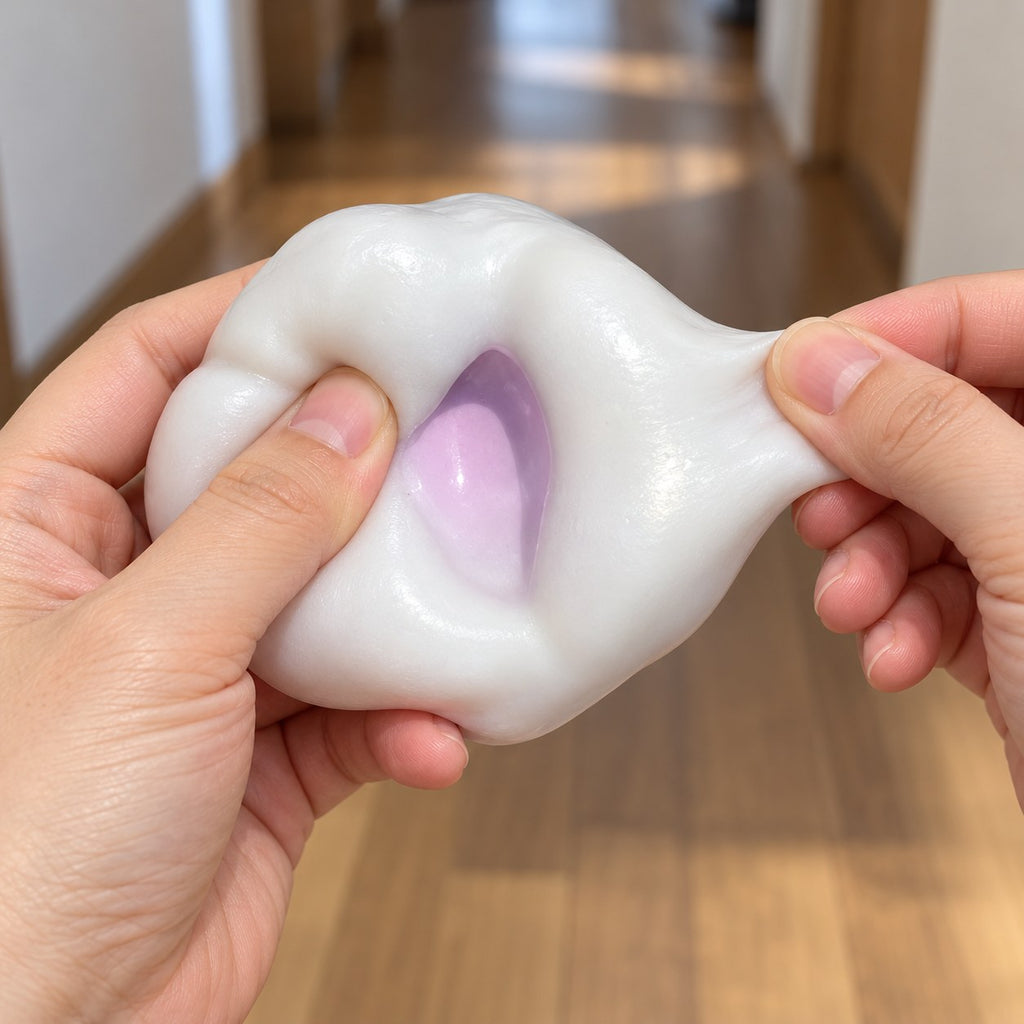 Rice cake squishy (purple), being squeezed by hand, soft and squishy