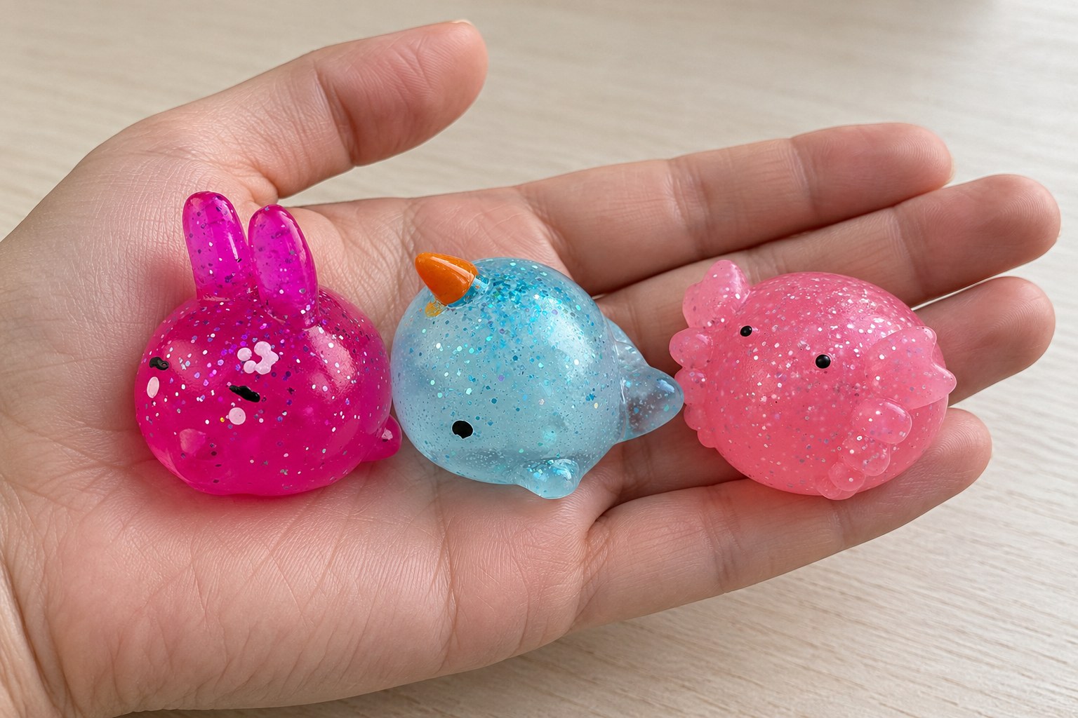 Otevřená dlaň drží tři malé třpytivé mochi squishy: růžového zajíčka, modrého narvala a růžového axolotla