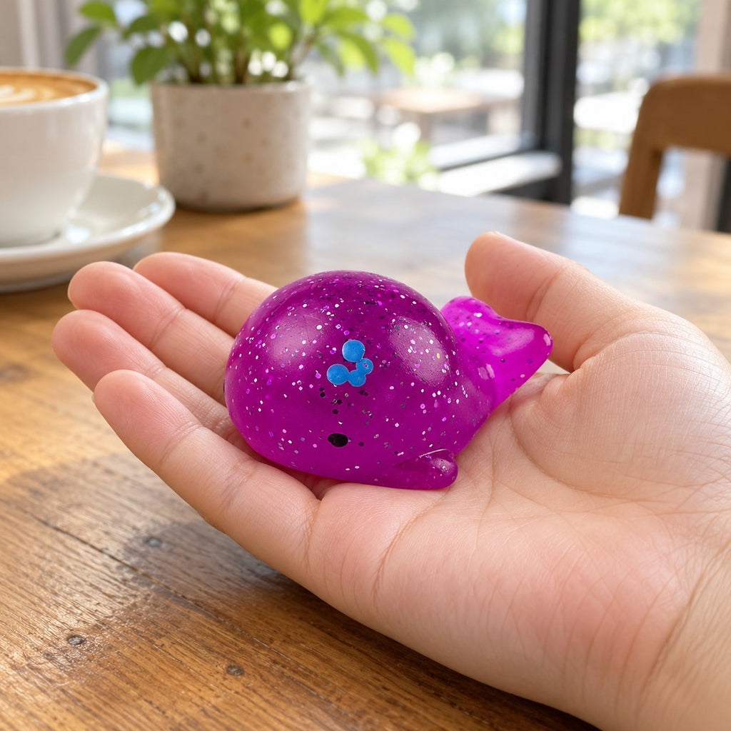 Mochi Squishy Whale with Glitter, held in a hand to show the real size