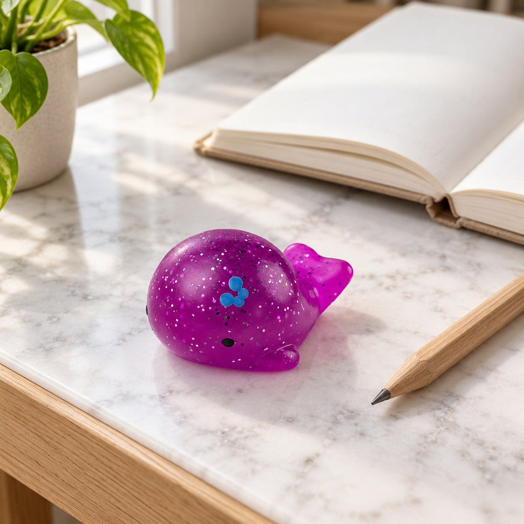 Mochi Squishy Whale with Glitter, on a desk with a notebook and pencil