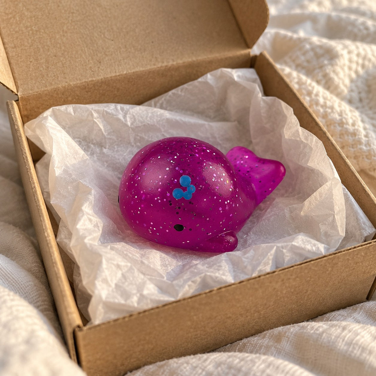 Mochi Squishy Whale with Glitter, unboxed from a parcel with tissue paper