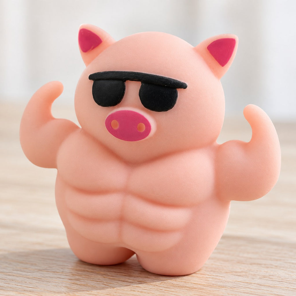 Muscle Pig Squishy with Sunglasses, 12.5 cm, close-up of the surface and details