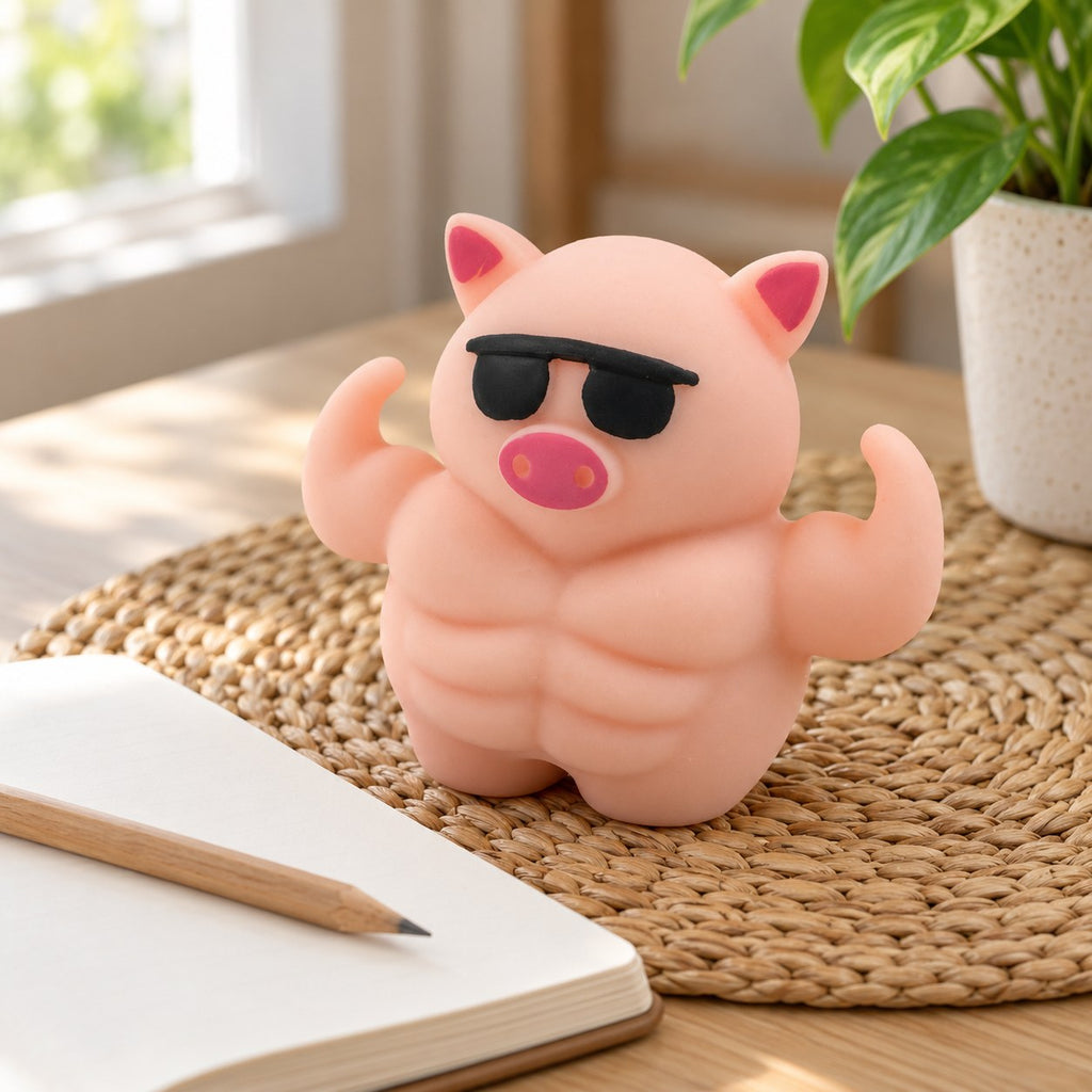 Muscle Pig Squishy with Sunglasses, 12.5 cm, on a desk with a notebook and pencil