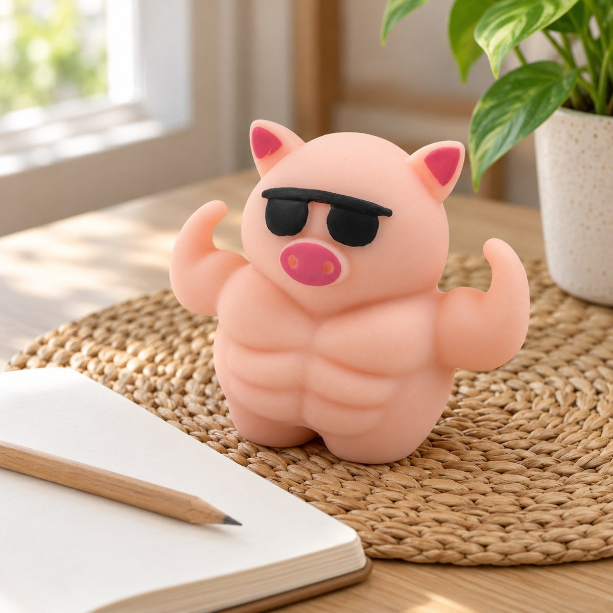 Muscle Pig Squishy with Sunglasses, 12.5 cm, on a desk with a notebook and pencil