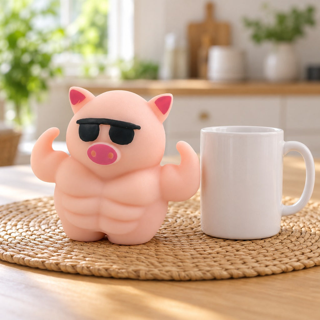Muscle Pig Squishy with Sunglasses, 12.5 cm, next to a coffee mug for size comparison