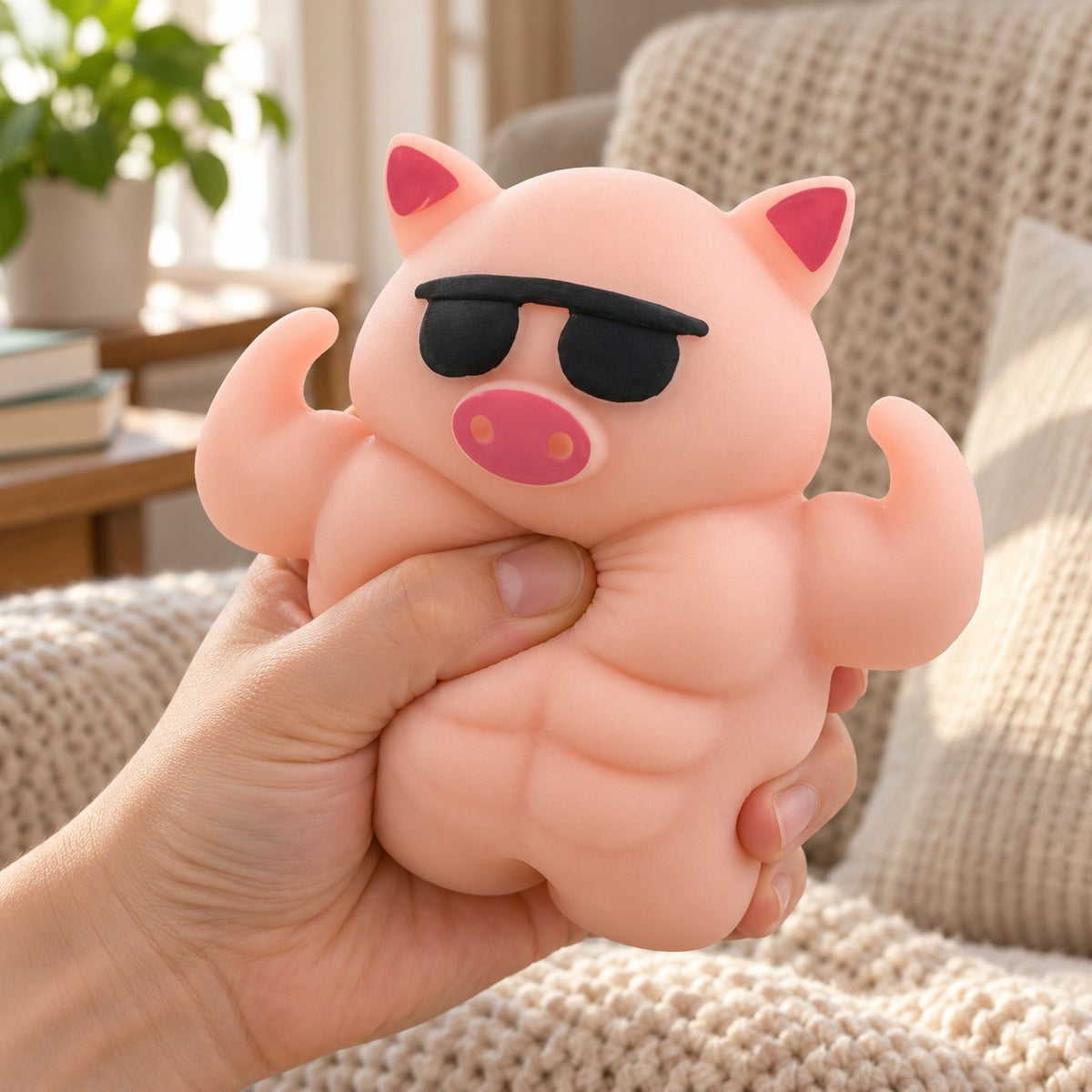 Muscle Pig Squishy with Sunglasses, 12.5 cm, being squeezed by hand, soft and squishy