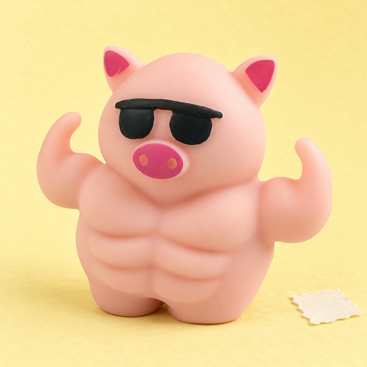 Muskelgris squishy med solbriller, 12,5 cm, på pastelfarvet papir
