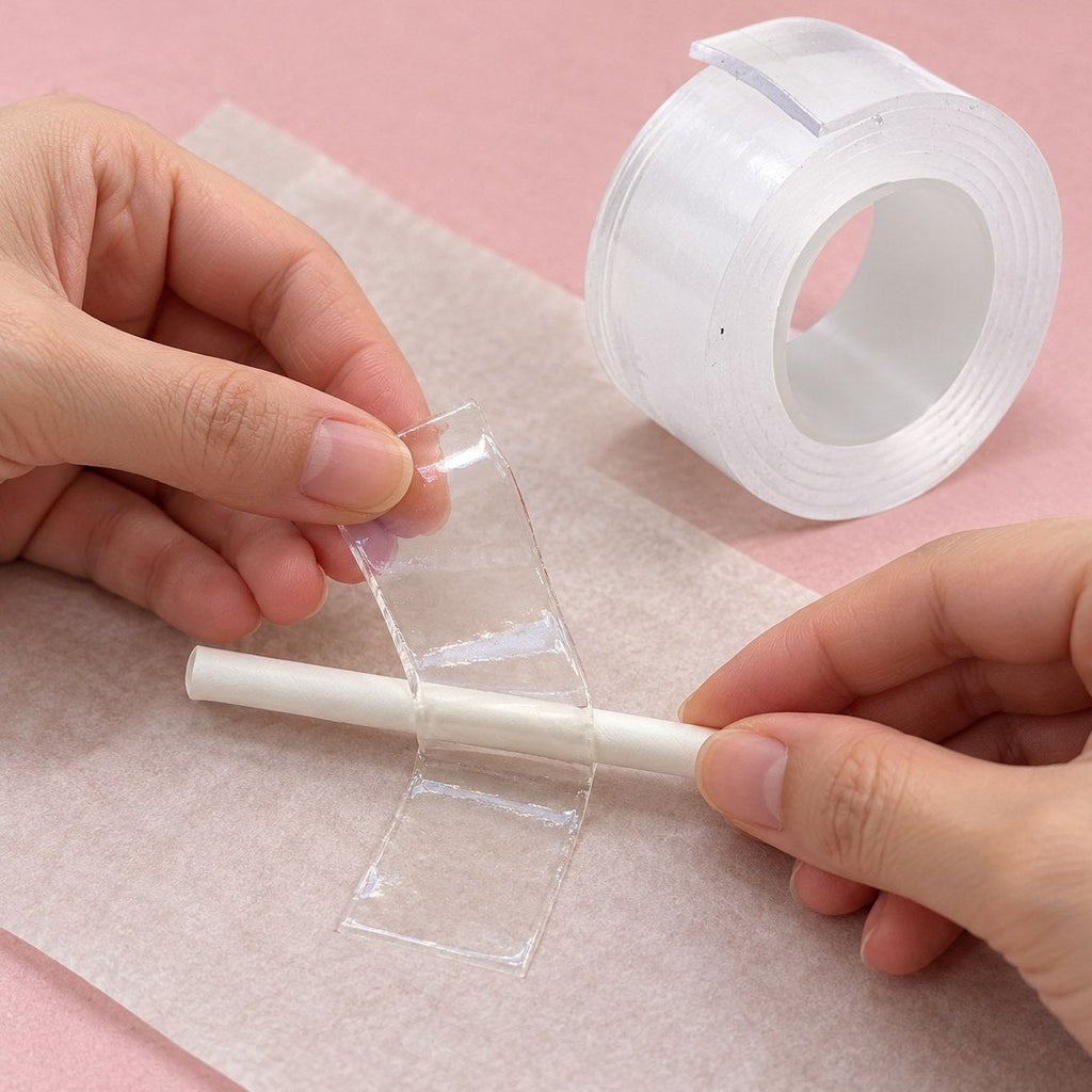Nano Tape Blasen selber machen: das Tape wird über einen Strohhalm gefaltet