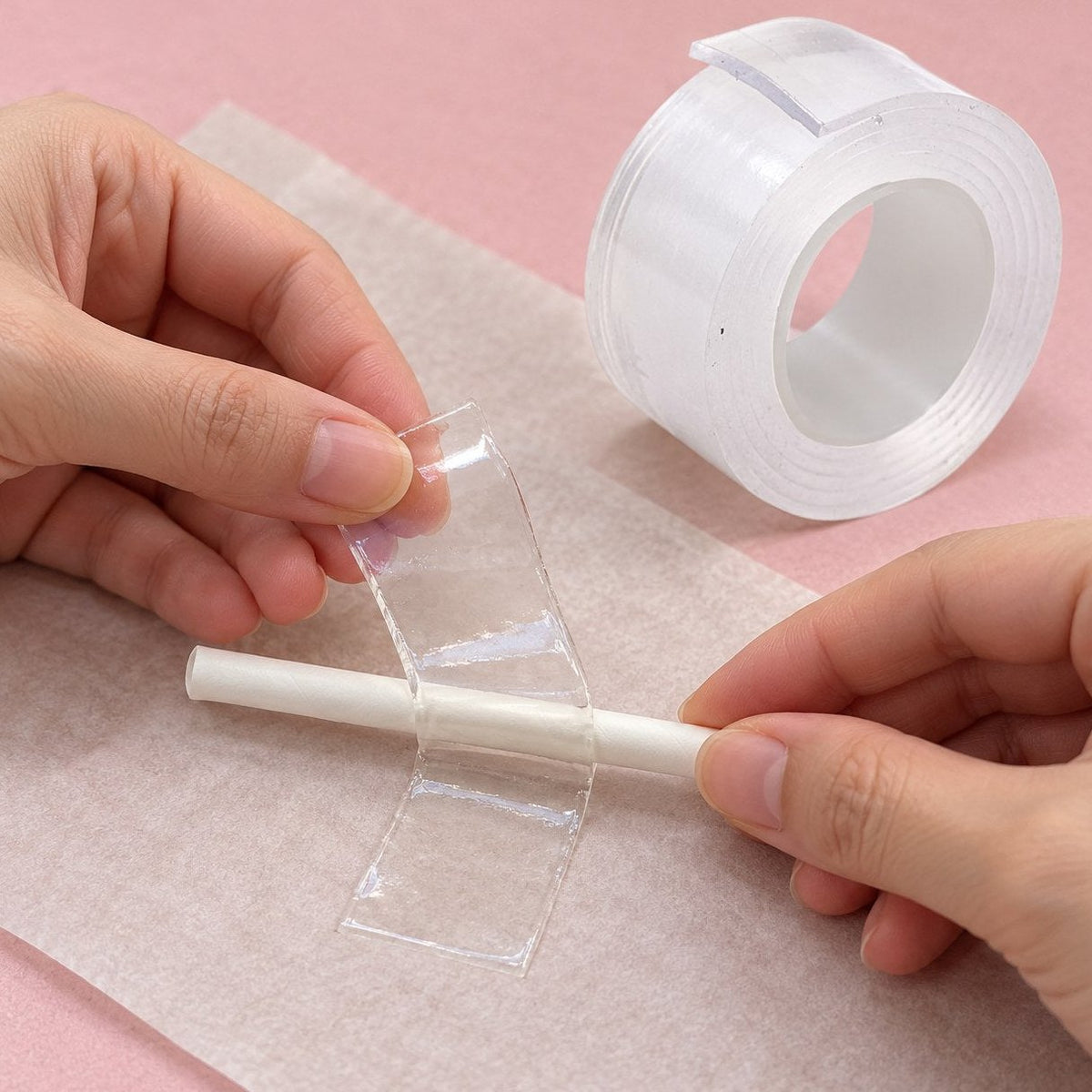 Nano Tape Blasen selber machen: das Tape wird über einen Strohhalm gefaltet