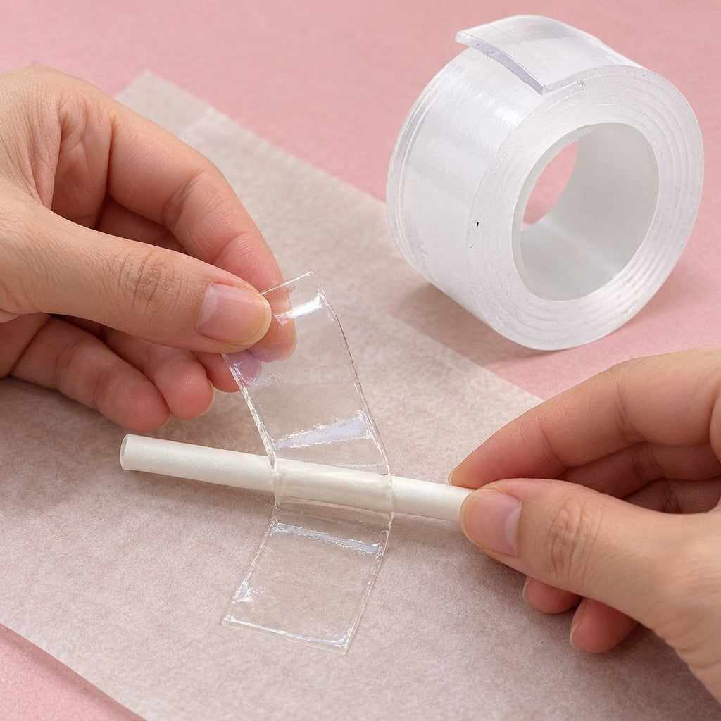 Nano tape bubbels maken: de tape over een rietje gevouwen tot een bubbel