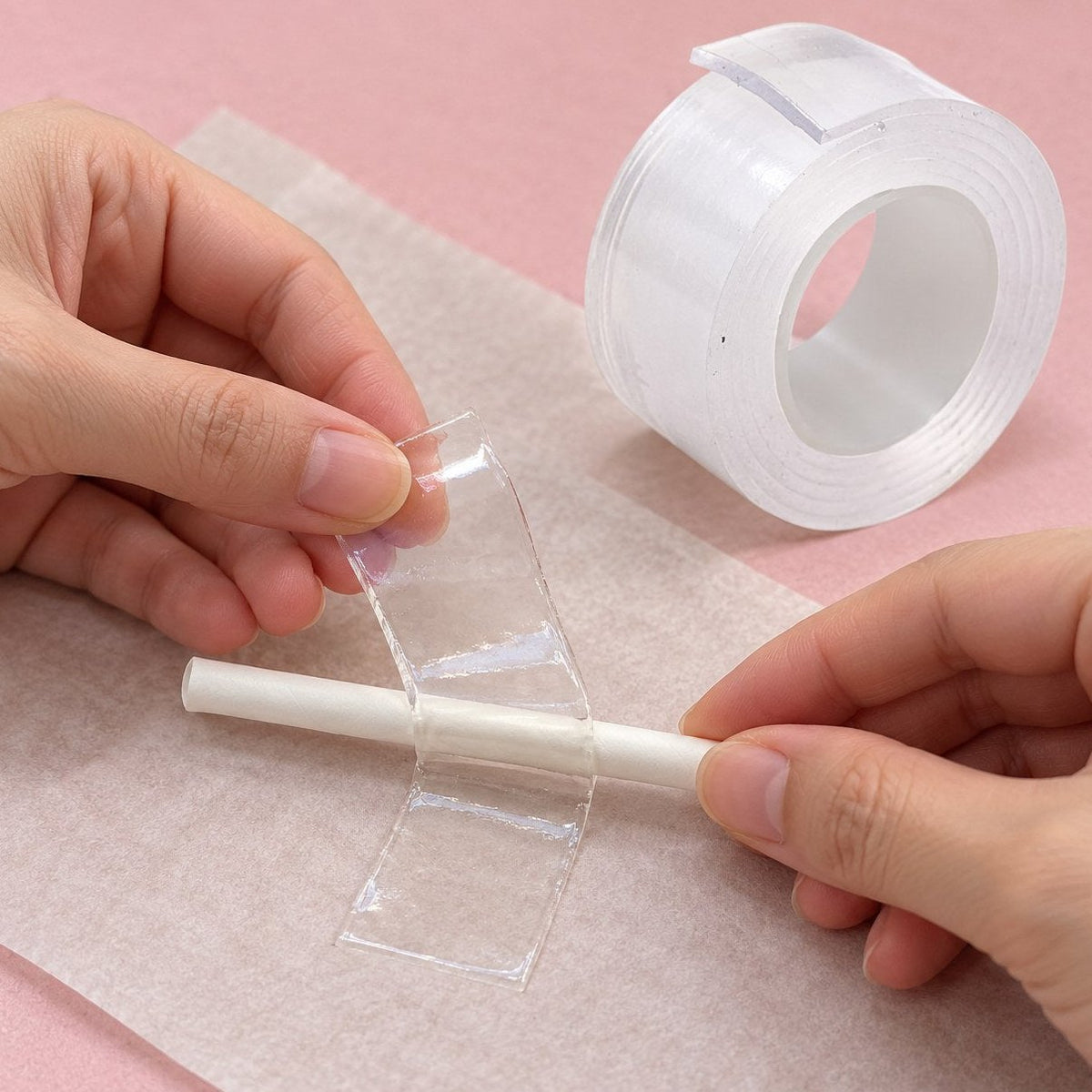 Nano tape bubbels maken: de tape over een rietje gevouwen tot een bubbel