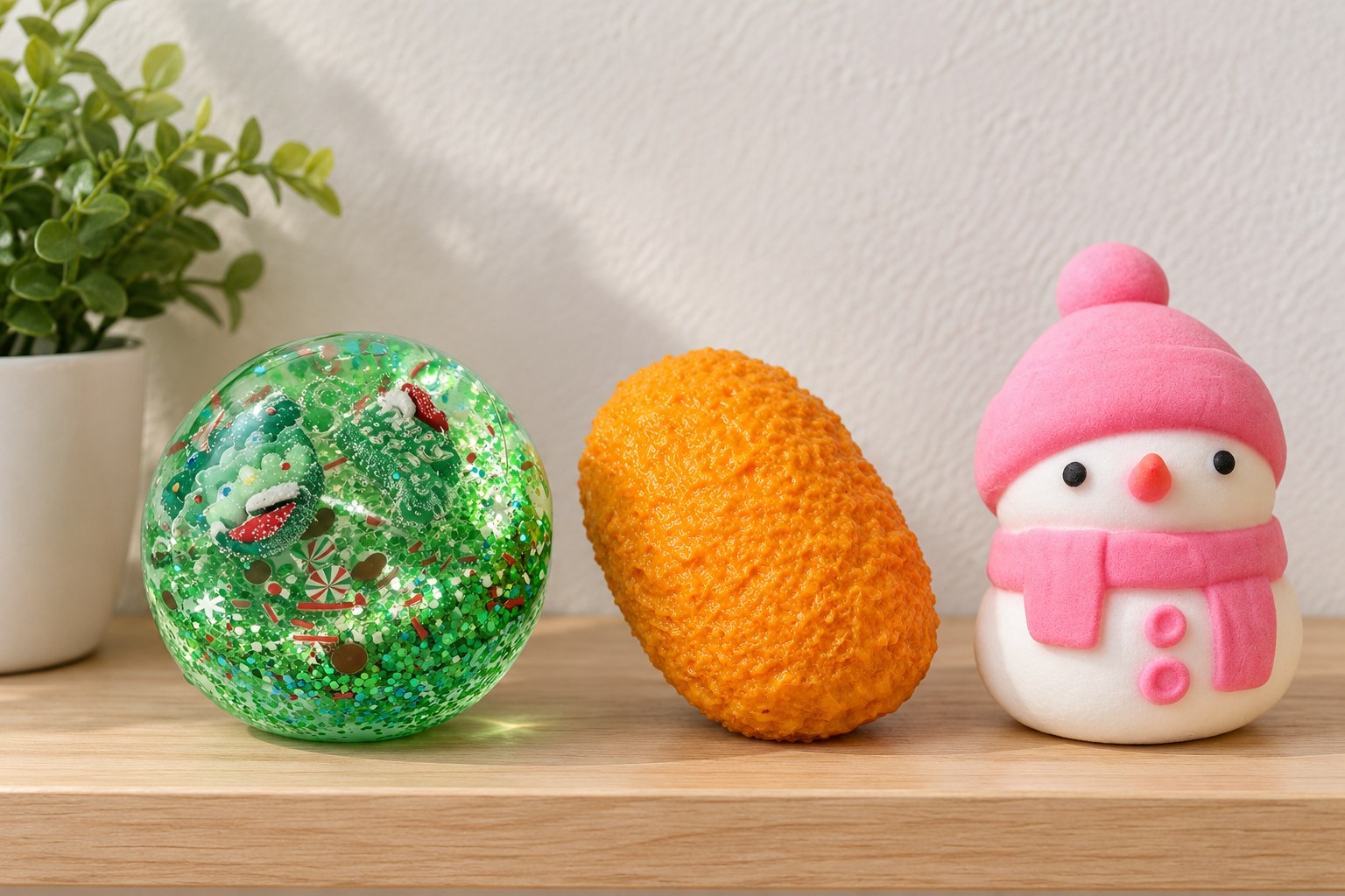New squishy arrivals: Christmas coconut oil ball, crunchy croquette and snowman squishy on a wooden shelf
