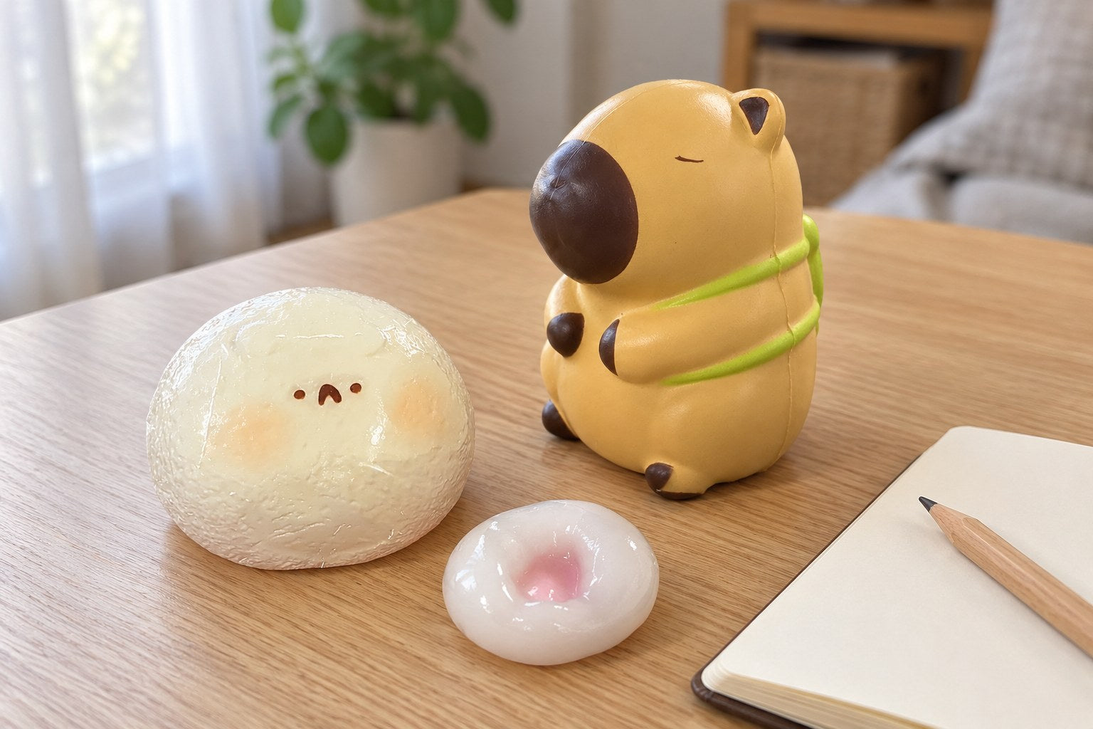 Squishy novinky na psacím stole: taba křeček, mochi rýžový koláček a kapybara vedle prázdného zápisníku