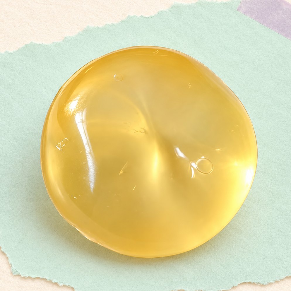Obst Squishy mit Kokosöl in Gelb, 6 cm, Produktfoto auf Pastellpapier