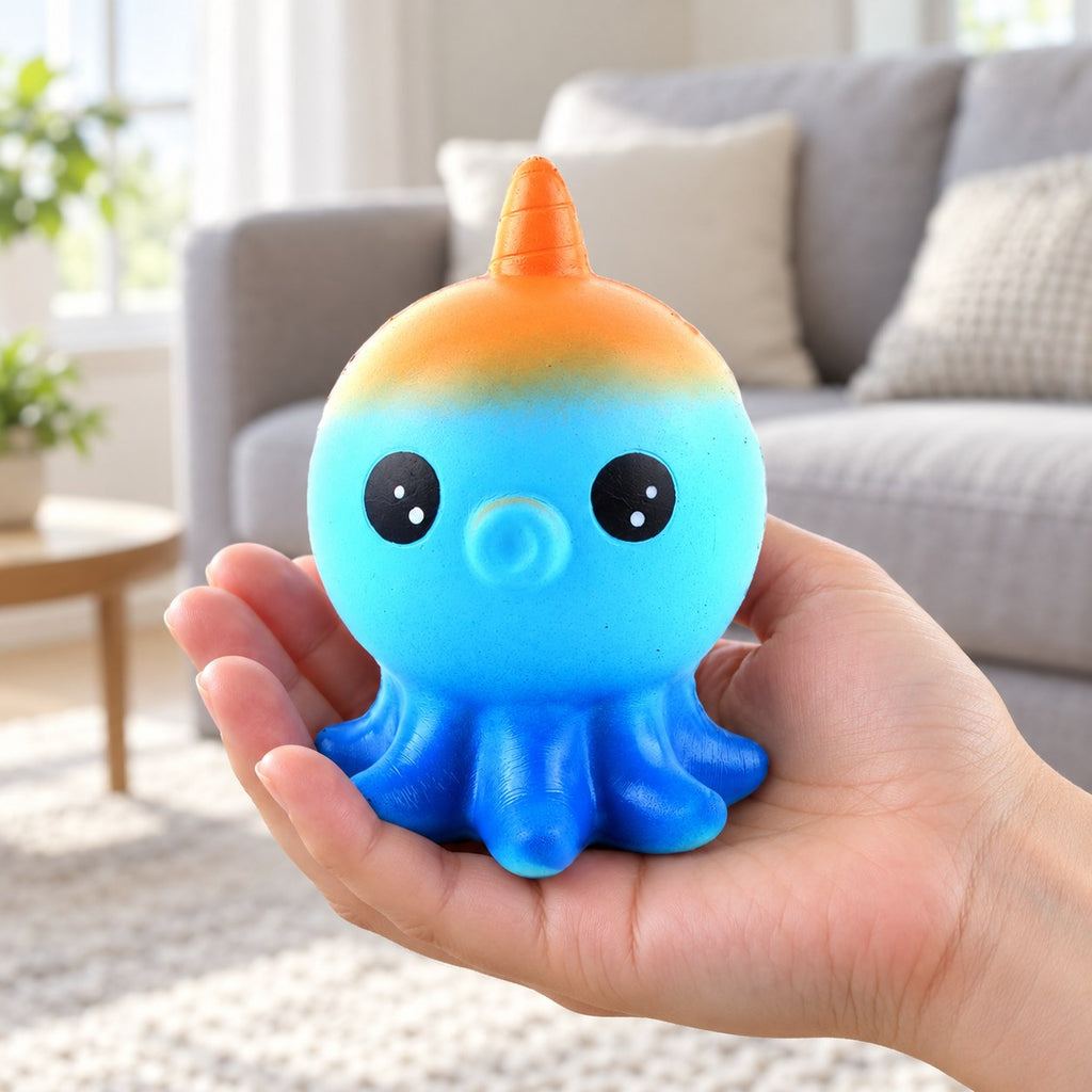 Octopus Squishy, Slow Rising, held in a hand to show the real size