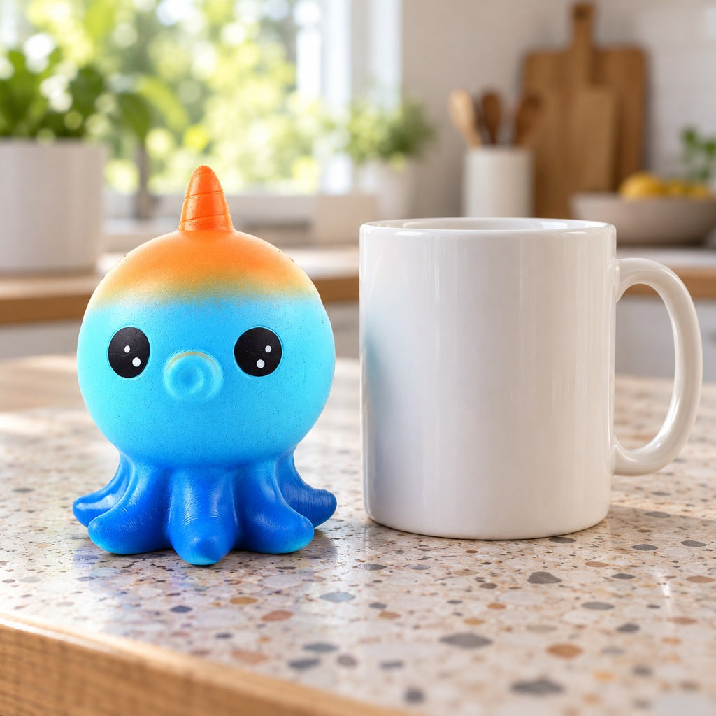 Octopus Squishy, Slow Rising, next to a coffee mug for size comparison