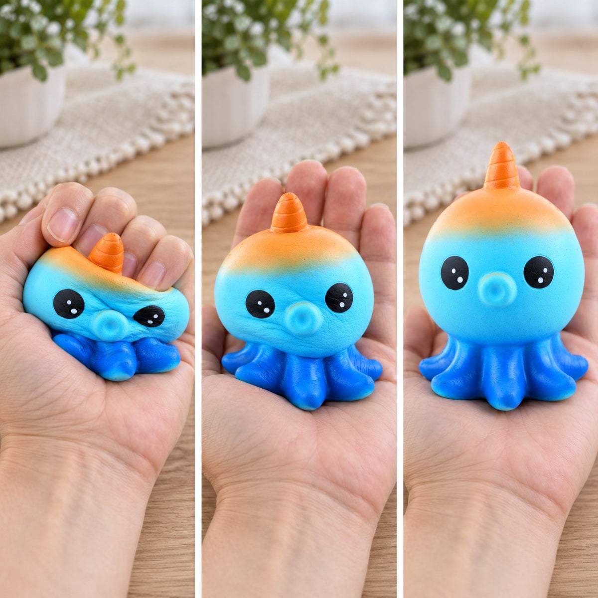 Octopus squishy slow rising, squished flat, half risen and fully back in shape