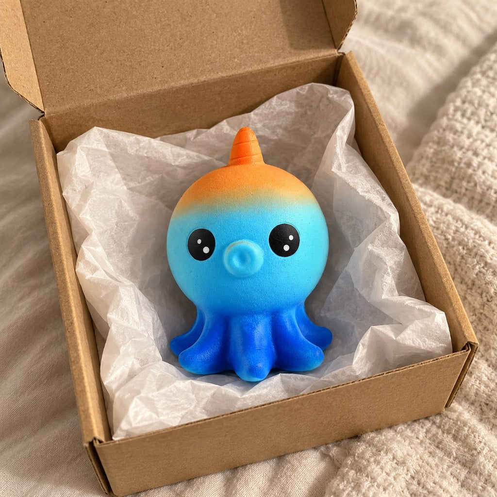 Octopus squishy, unboxed from a parcel with tissue paper