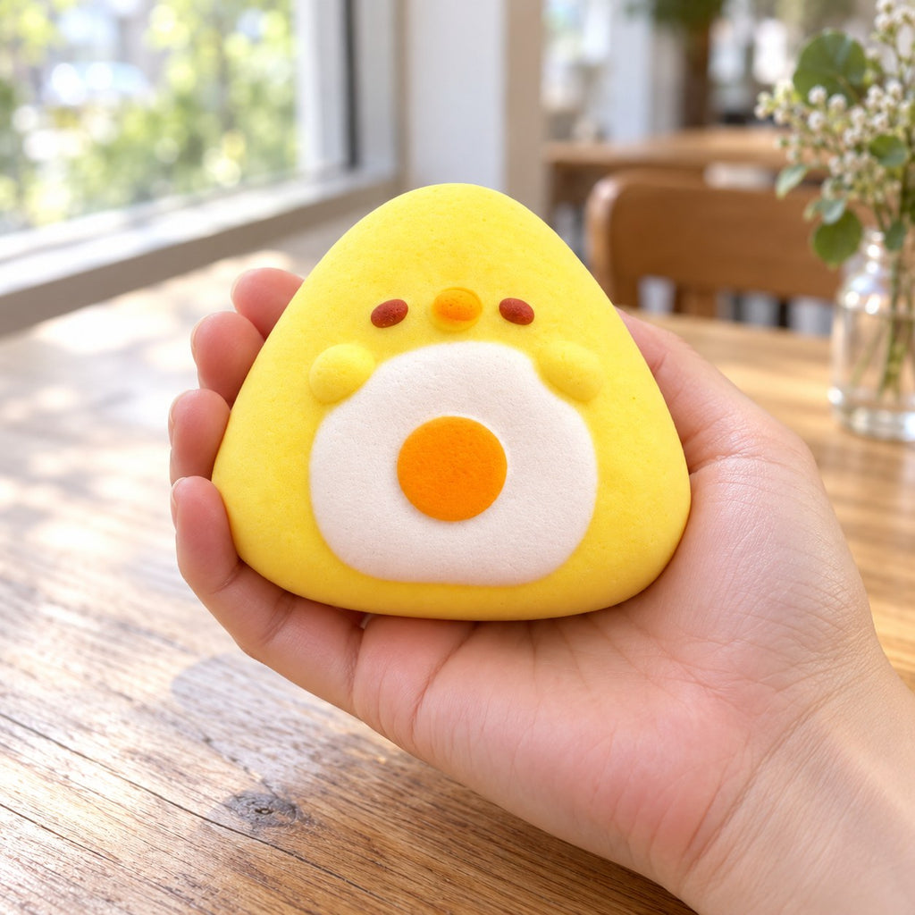 Onigiri Squishy, Yellow Chick with Fried Egg, held in a hand to show the real size