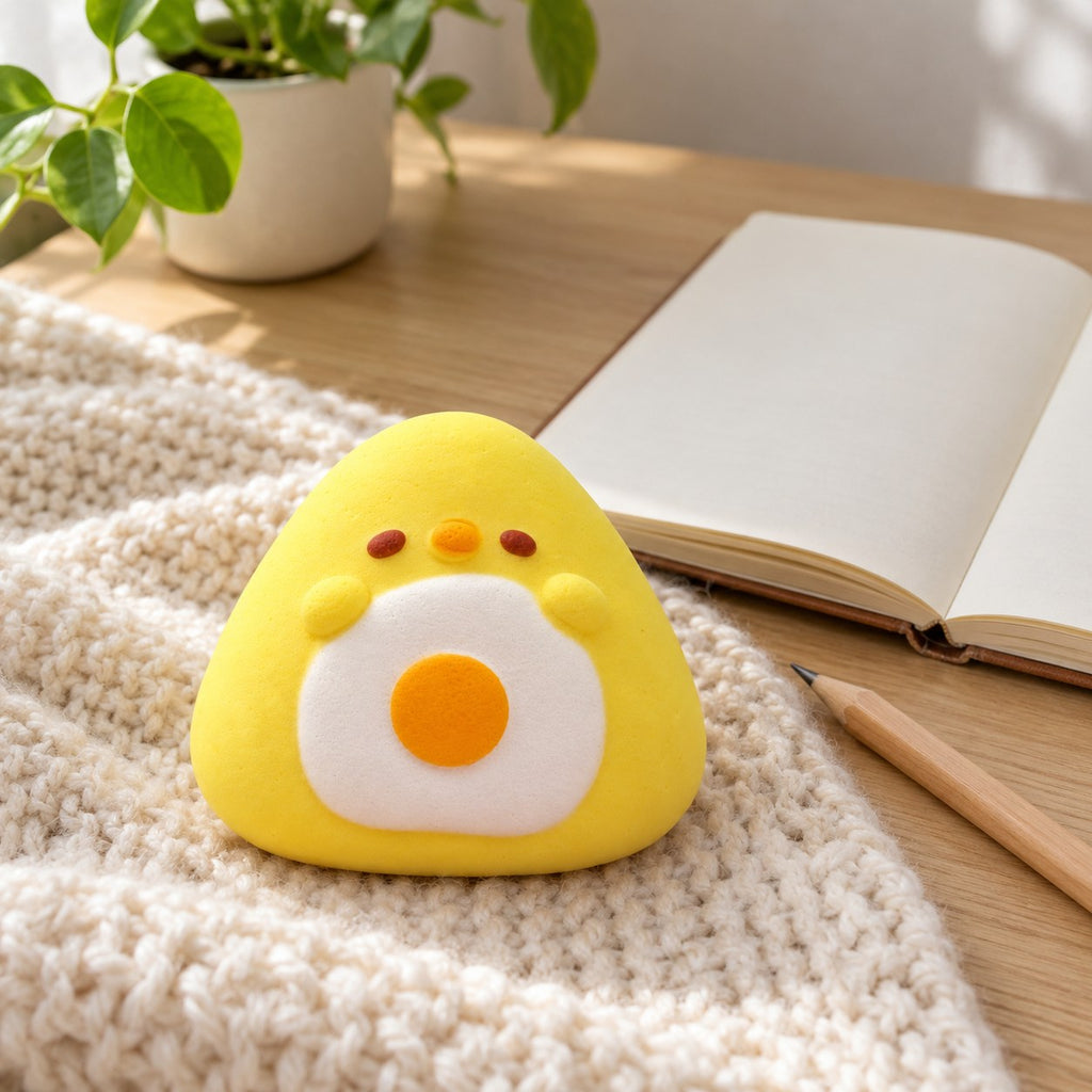 Onigiri Squishy, Yellow Chick with Fried Egg, on a desk with a notebook and pencil
