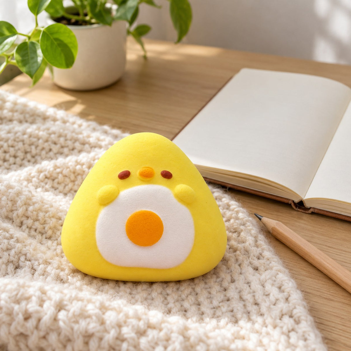 Onigiri Squishy, Yellow Chick with Fried Egg, on a desk with a notebook and pencil
