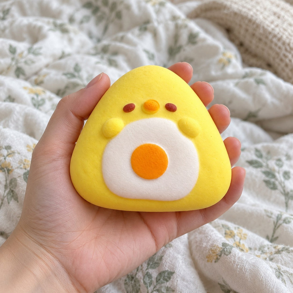 Onigiri squishy slow rising, held toward the camera, first-person view