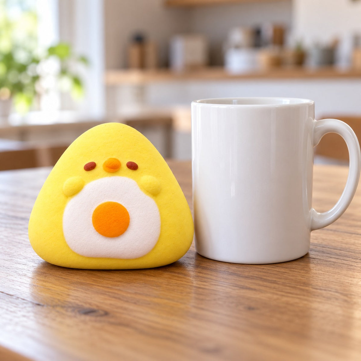 Onigiri Squishy, Yellow Chick with Fried Egg, next to a coffee mug for size comparison