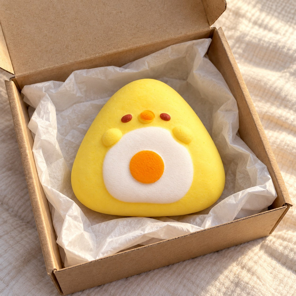Onigiri squishy, unboxed from a parcel with tissue paper