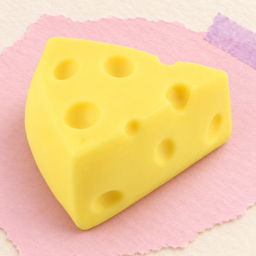 Mini osteskive-squishy i massiv udgave, produktfoto på pastelfarvet papir