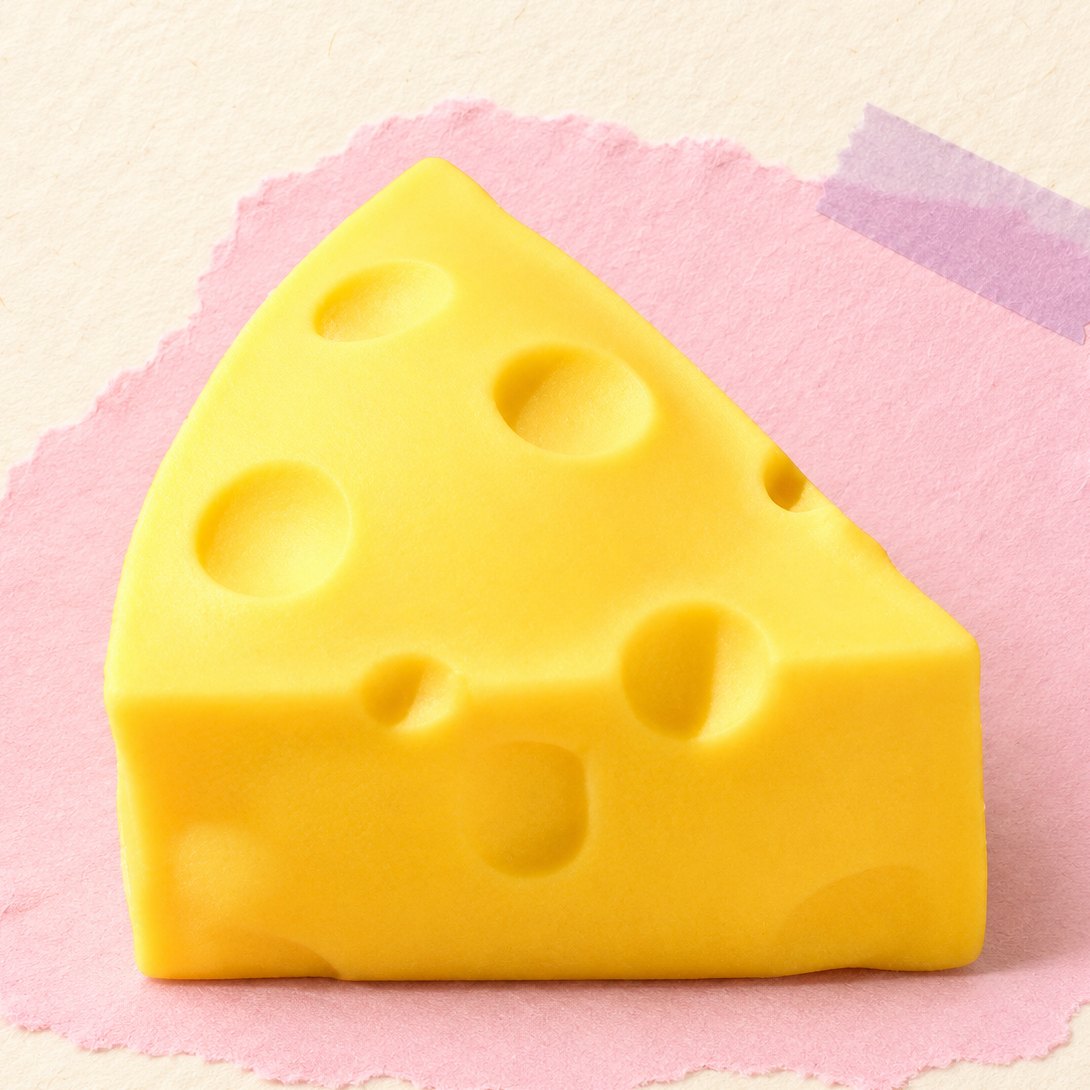 Osteskive-squishy formet som en trekant i blødt plastik, produktfoto på pastelfarvet papir