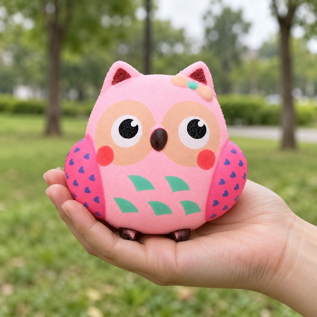 Owl squishy, held in a hand to show the real size
