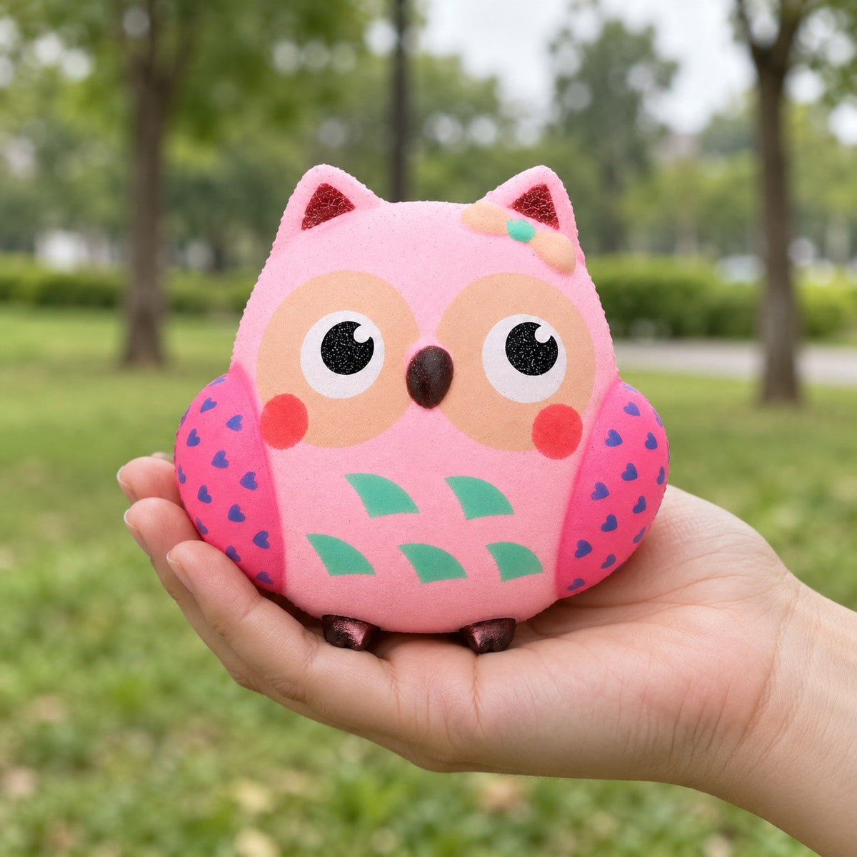 Owl squishy, held in a hand to show the real size