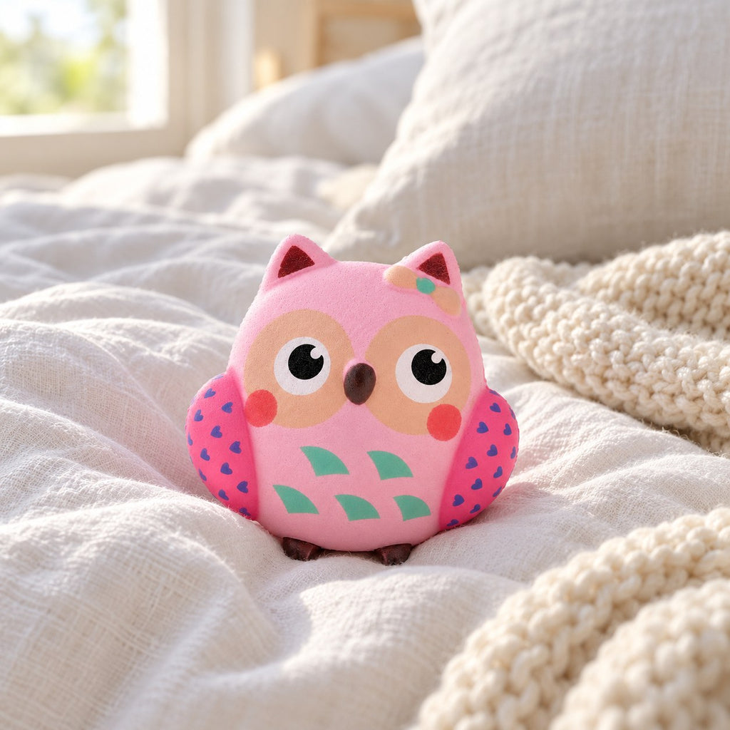 Owl squishy, on a cozy bed with soft blankets